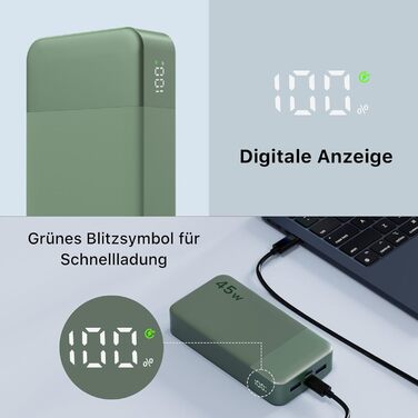 Power Bank NOBIS 20000mAh, 45W з USB-C кабелем, Digital Display, Зелений