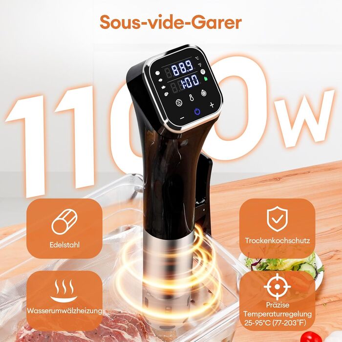 Су-від приготувальник Smart 1100W з Wi-Fi, нержавіюча сталь, ±0.1°C, 25-95°C для дому - чорний