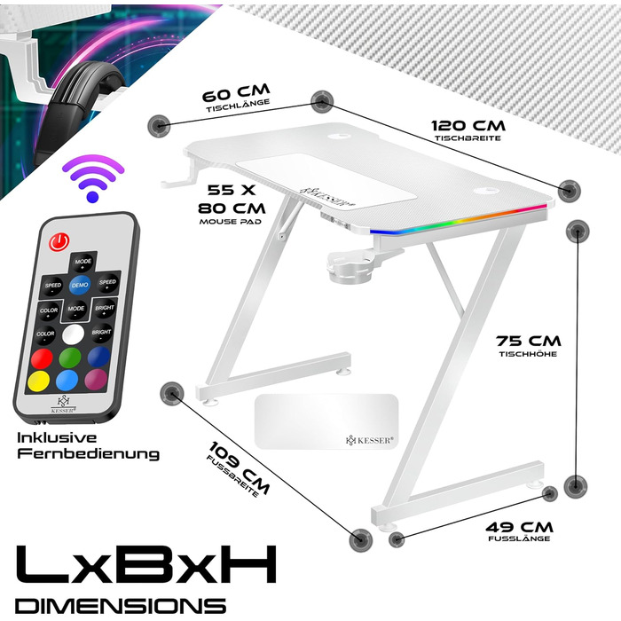 Ігровий стіл KESSER® LED 100x60 см | Z-подібний стіл для геймерів | Тримач для навушників & вуглецеве покриття | Ергономічний стіл для ПК | Стабільний стіл з підстаканником, білий/карбон з LED підсвіткою