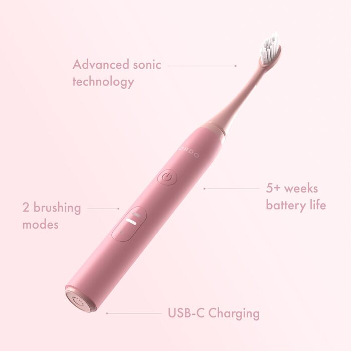 Електрична зубна щітка Ordo Sonic Lite, 35 000 імпульсів/хв, для дорослих, 2 режими, акумулятор до 5 тижнів, таймер, водонепроникна, USB-C, квітка рожевого кольору
