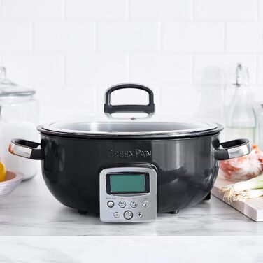 Мультифункціональний електричний мультиварка GreenPan Elite Essential 5,6 л, керамічне антипригарне покриття без PFAS, LED-дисплей, автоматичні програми, чорний колір, для смаження, тушкування, варіння та приготування рису, знімні частини для посудомийки