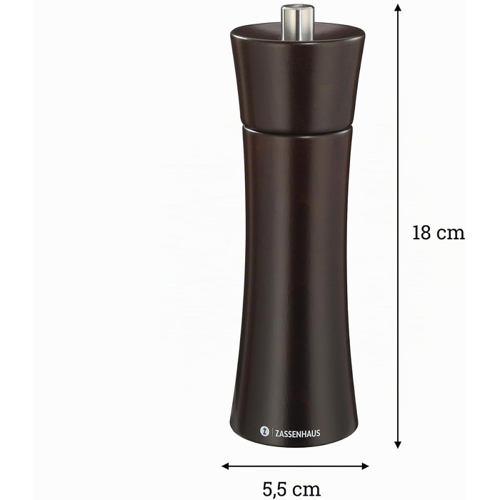 Млинок для перцю та спецій Zassenhaus Wenge 18 см, дерев'яний (бук), керамічний механізм, регульований помол
