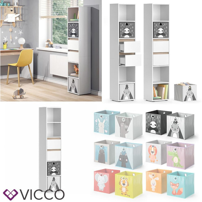 Дитячий стелаж Vicco Robert, білий/дуб сонома, 36.2x171 см, з складними коробами (сірі, різнокольорові)