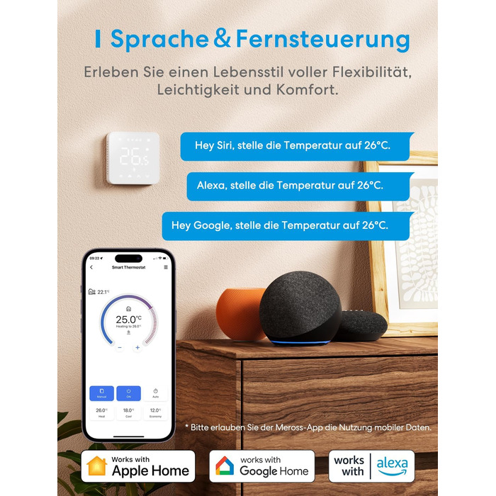 Meross Matter Термостат для радіатора Wi-Fi, сумісний з HomeKit, Alexa та Google Assistant (для опалення будинку/теплої підлоги)