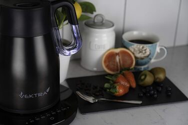 Електрочайник Vektra VEK-1504 з вакуумною ізоляцією, температурним контролем, 1,5 л, нержавіюча сталь, подвійні стінки, термос 2-в-1, BPA-free, металево-чорний, EU-вилка