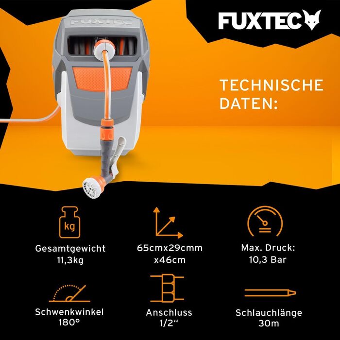 Автоматичний шланг для саду Fuxtec FX-WSA30 – 30 метрів, ½ дюйма, з роликом для стіни, включаючи ручну лійку та з'єднувачі, поворотний на 180°, оранжевий
