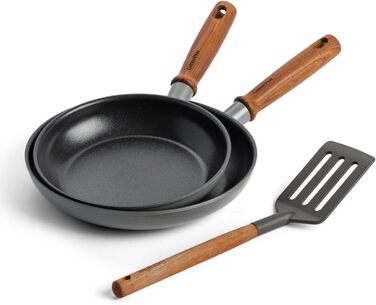 Сковорідки GreenPan Mayflower Pro 20 і 24 см, набір з лопаткою, антипригарне керамічне покриття, без PFAS, для індукції, дерев'яна ручка, сірі