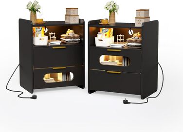 Комплект з 2 чорних приліжкових тумб Lvhecforhm з розеткою, LED підсвіткою, USB, 2 відкритими полицями і 2 шухлядами 50x40x64 см