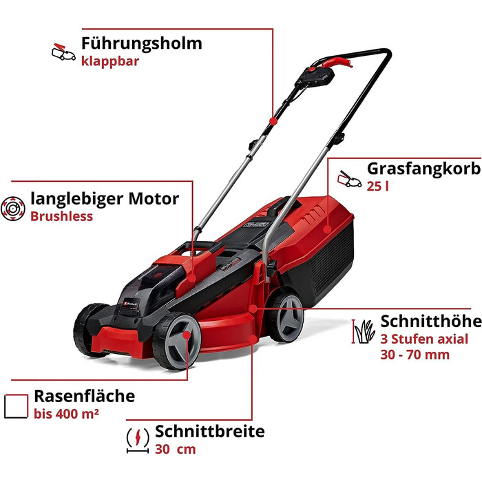 Акумуляторний газонокосарка Einhell City GE-cm 18/30 Li Kit Power X-Change (18 В, ширина косіння 30 см, до 150 м², Brushless, кошик 25 л, висота косіння 30-70 мм, з акумулятором 3.0 Ah + зарядним пристроєм)