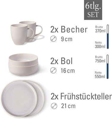 Сніданковий набір Villeroy & Boch Crafted Cotton, 6 предметів, білий, преміум порцеляна, мікрохвильова піч, посудомийка, стиль кераміки