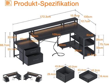 Кутовий комп'ютерний стіл ODK L-подібний з LED-підсвіткою, 2 розетками і 2 USB-портами, чорний, з висувною шухлядою та полицями, 172×100 см, ігровий стіл для дому та офісу
