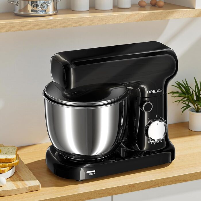 Кухонна машина з місткістю 2.5L та 3L, 10 швидкостей, 1500W, з міксером, шнеком для тіста та скребком, для дому та щоденного приготування (чорний)