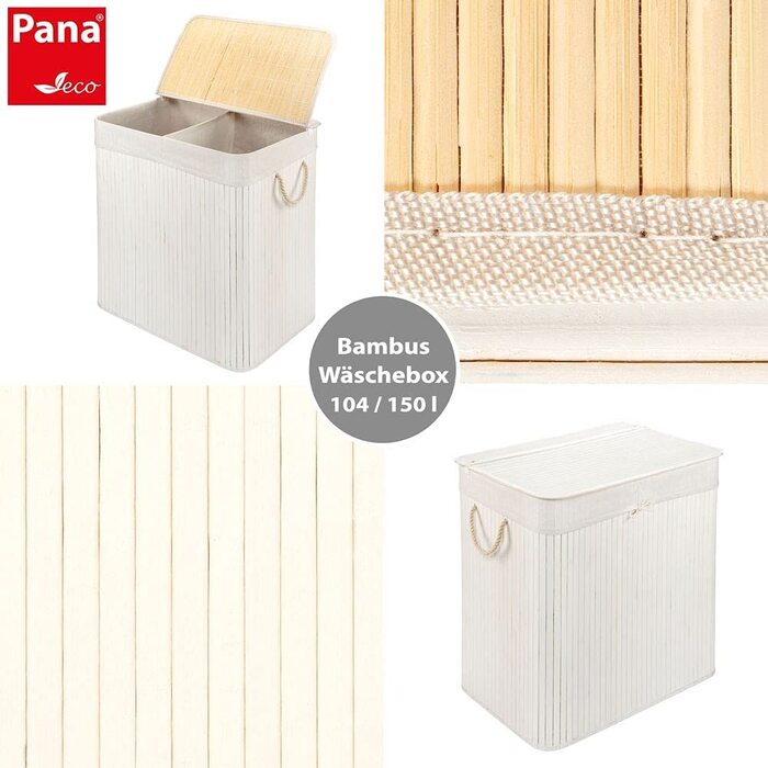 Бамбуковий кошик для білизни PANA ECO з кришкою, складний, 150 л, білий, для ванної, з мішком, 100% бамбук