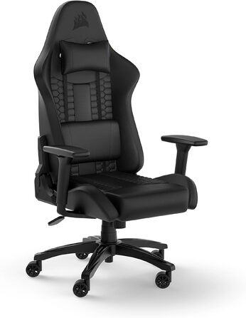 Ігрове крісло Corsair TC100 Relaxed, екошкіра, чорне, ергономічне, з подушками для попереку та шиї, регульовані підлокітники, дизайн у стилі автоспорту