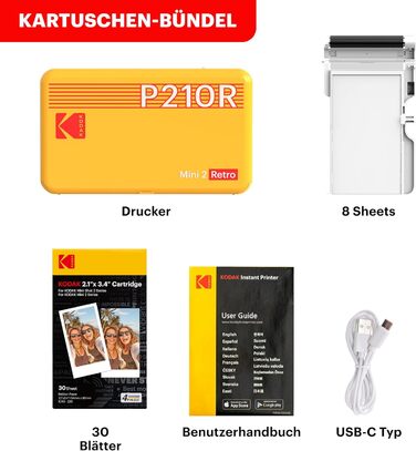 KODAK P210 Mini 2 Retro: Портативний кольоровий фотопринтер, сумісний зі смартфонами (iOS & Android), Bluetooth, 54x86 мм, технологія 4Pass, ламінування, 38 аркушів, білий 54 x 86 мм