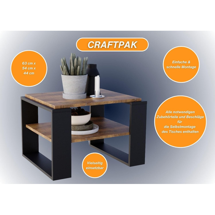 Журнальний стіл CraftPAK Kaja 63 з ДСП, ретро-чорний, сучасний стіл для вітальні з додатковою полицею