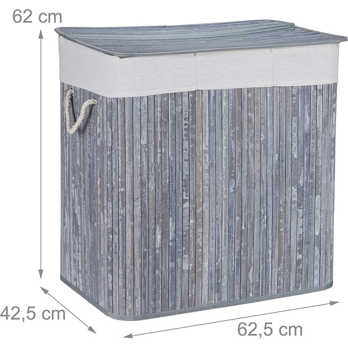 Сортувальник для білизни Relaxdays, 3 секції, з кришкою, прямокутний, 62x62,5x42,5 см, бамбук, сірий/білий