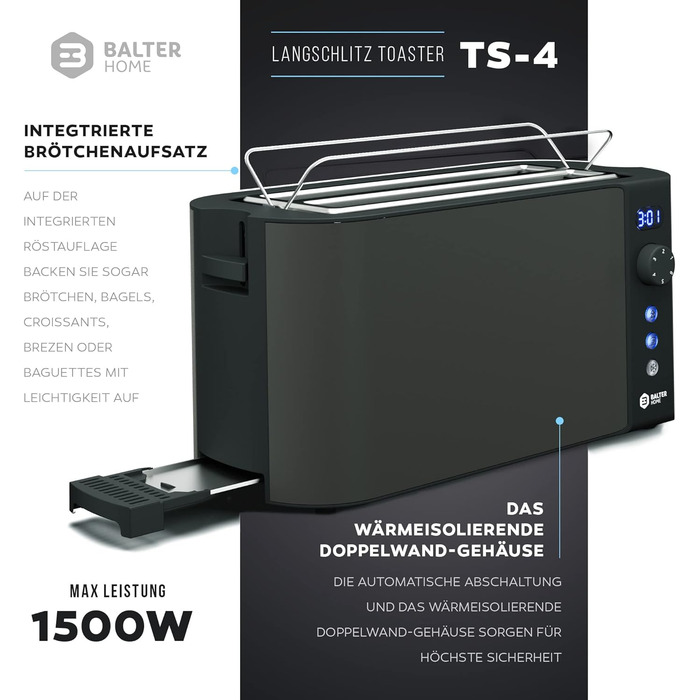 Тостер Balter TS-04-LCD на 4 тости, довгий слот, нержавіюча сталь, підставка для булочок, LCD-дисплей з таймером, функція розморожування, автоматичне центрування хліба, висувний піддон для крихт, чорний