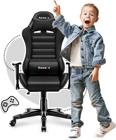 Ігрове крісло Huzaro Ranger 6.0 для дітей, ергономічне, з подушками для шиї та попереку, з підлокітниками, штучна шкіра, сучасний дизайн, чорне