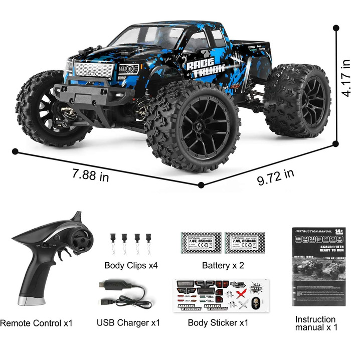 Радіокерований монстр-трак HAIBOXING 1/18 4WD 36 км/год, водонепроникний, 2.4 GHz, RTR з акумулятором 7.4V для дітей та дорослих