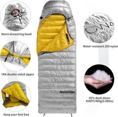 Ультралегкий спальний мішок Naturehike CW400 RDS пух, 4 сезони, компактний для кемпінгу та подорожей, сірий, розмір M (температура комфорту 6°C)