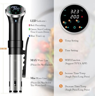 Sous Vide Garer WiFi 1100W - Занурювальний циркулятор для су-від з точним контролем температури (25-95°C) та таймером, IPX7 водонепроникний