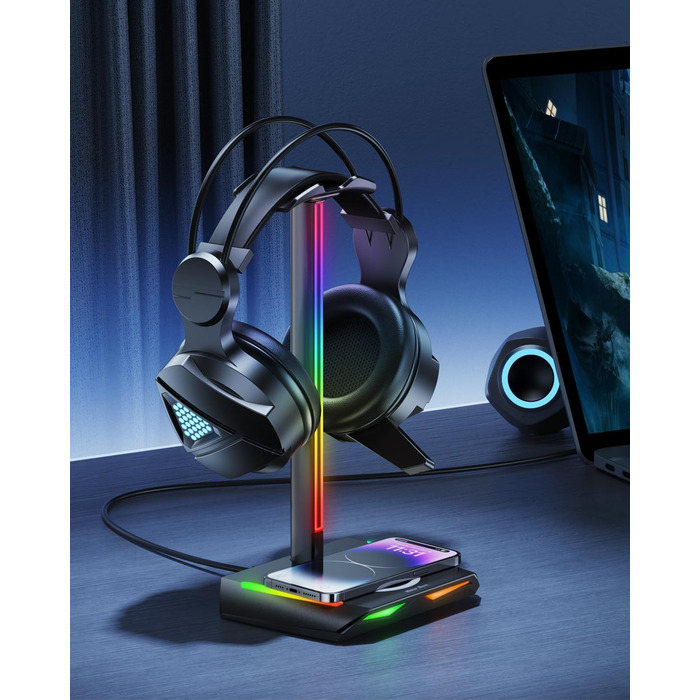 Підставка для навушників New bee RGB з бездротовою зарядкою, геймерська стійка для гарнітури з USB, 2 Type-C, 11 режимів підсвітки, чорна (Z12)