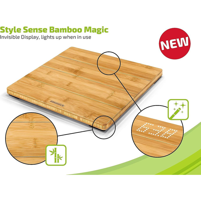 Ваги Soehnle Style Sense Bamboo Magic з натурального бамбука, електронна підлогова вага з LED-дисплеєм, до 180 кг, комфортне покриття