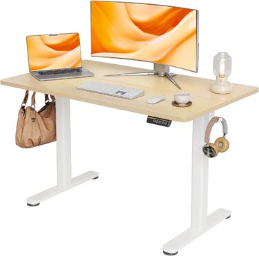 Електричний регульований стіл Claiks 120x60 см, білий каркас/бежева стільниця, офісний письмовий стіл для роботи стоячи