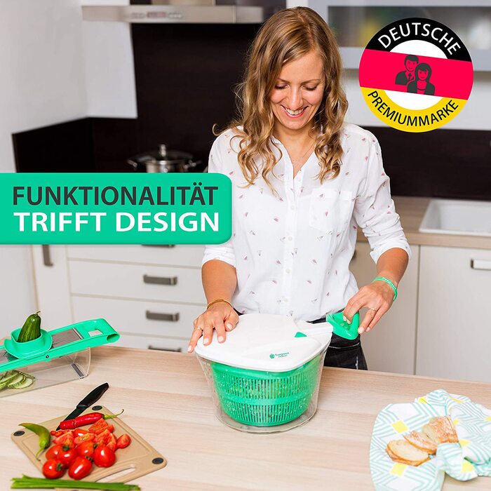 Салатниця з центрифугою Freegreen Germany 5л - біла, з рецептами та кришкою для зливу води