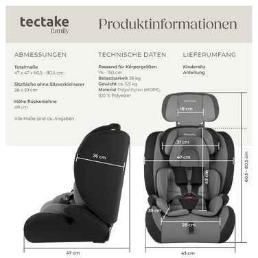 Автокрісло Tectake з 5-точковим ременем, i-Size, бічний захист, для дітей 76-150 см (до 36 кг), бустер, темно-сірий/чорний