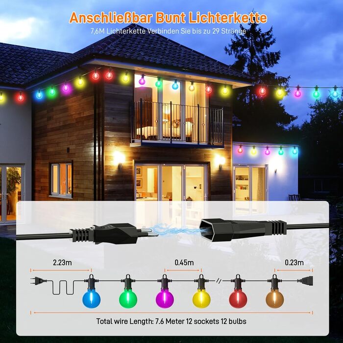 LED гірлянда Kawaya для вулиці 7.6м, 12 кольорових лампочок, IP65, для саду, балкону, вечірок
