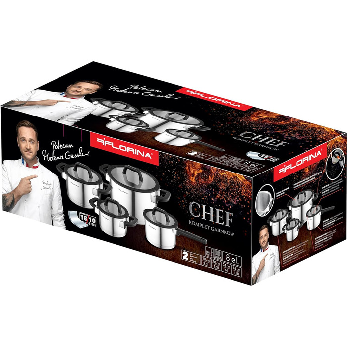 Набір каструль FLORINA CHEF 8 предметів з нержавіючої сталі, багатофункціональні кришки, мірний стакан, 5-шаровий дно, підходить для індукції, газу, електроплити, можна мити в посудомийній машині