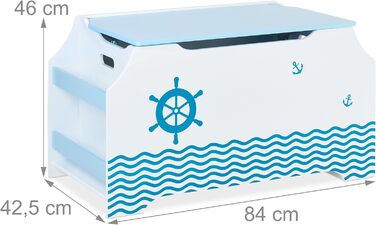 Іграшкова скриня Relaxdays Seemann з кришкою, 46x84x42,5 см, біло-синя, з відділенням для книг, ігрова коробка для зберігання іграшок