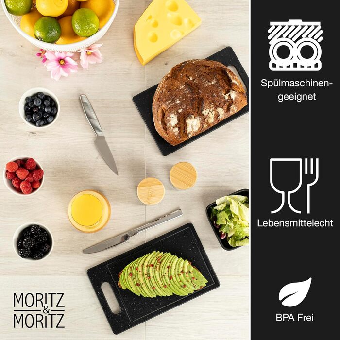 Набір 4 кухонних дошок Moritz & Moritz з пластику з соковідводом, граніт, 25x15 см, BPA Free, для нарізки, сніданку, гігієнічні, для посудомийки, чорні