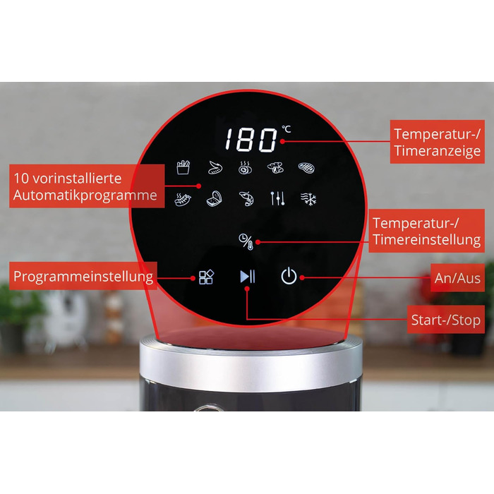 Універсальна аерофритюрниця Unold 58695 зі скляною чашею, 1200 Вт, LED-екран, 10 програм: гриль, жарка, запікання, сушка, розігрів, розморожування, без олії