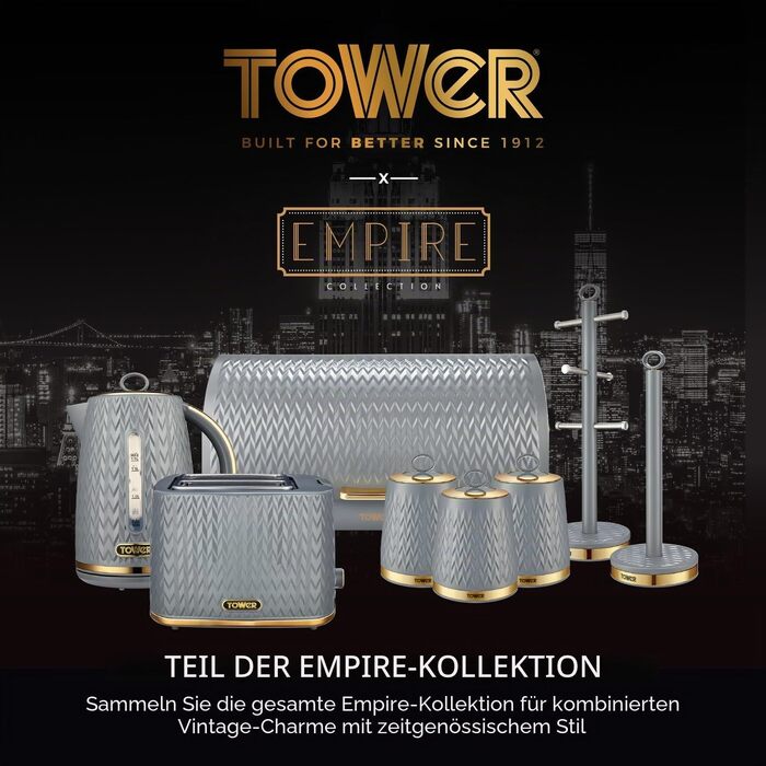 Контейнер для хліба Tower T826090GRY Empire з рулетною кришкою, нержавіюча сталь, сірий з латунними елементами