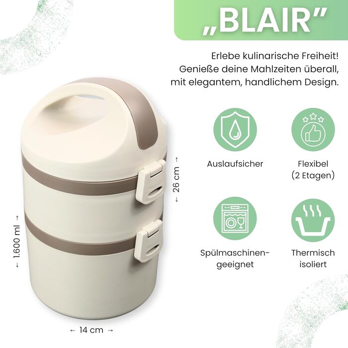 FRADABOX Бенто-ланчбокс Blair, 2-ярусний, преміум нержавіюча сталь, термоконтейнер з відділеннями, для їжі, йогурту, салату, велика ланчбокс для дорослих, герметична, можна мити в посудомийній машині