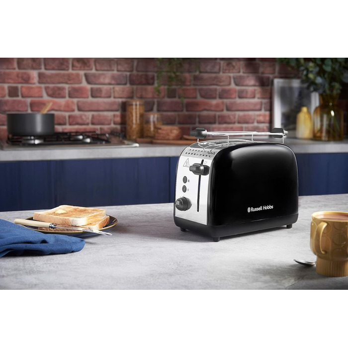Тостер Russell Hobbs Colours Plus Edelstahl на 2 тости, чорний - з підставкою для булочок, 6 режимів підсмажування, розморожування, функція Lift & Look, 1600 Вт