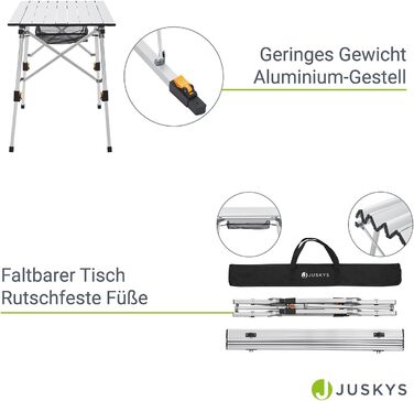 Складаний алюмінієвий стіл Juskys Picco 90×52 см, легкий, регульований по висоті, для кемпінгу та саду, сріблястий
