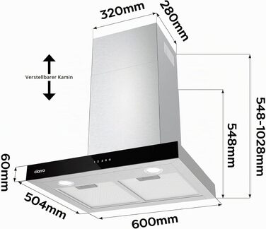 Витяжка кухонна CIARRA CBCS6102 A+++ 60 см, нержавіюча сталь, 650 м³/год, з вугільним фільтром CBCF003, сенсорне керування, режим рециркуляції та відведення