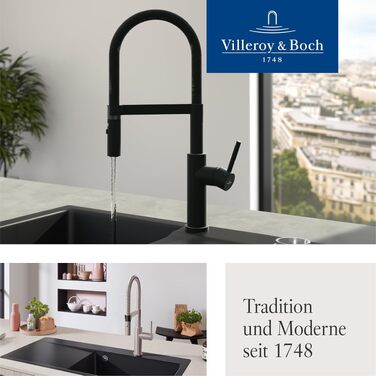 Змішувач кухонний Villeroy & Boch Steel Expert Compact, чорний матовий, з висувним гусаком та перемикачем, висота 170мм