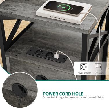 Приліжковий столик YITAHOME з шафкою та Х-подібною основою, сірий, з USB-портами та розетками, металева рама, для вітальні й спальні