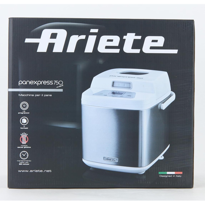 Хлібопіч Ariete 132 Panexpress 750 Metal, 19 програм, 500 г, нержавіюча сталь, для хліба, піци, випічки, замішування та закваски