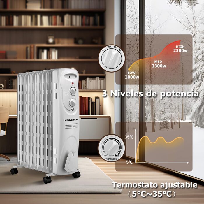 Електричний масляний радіатор Aigostar Pangpang 2300W, 11 секцій, з термостатом та 3 режимами нагріву, мобільний обігрівач (Білий, 2 шт)