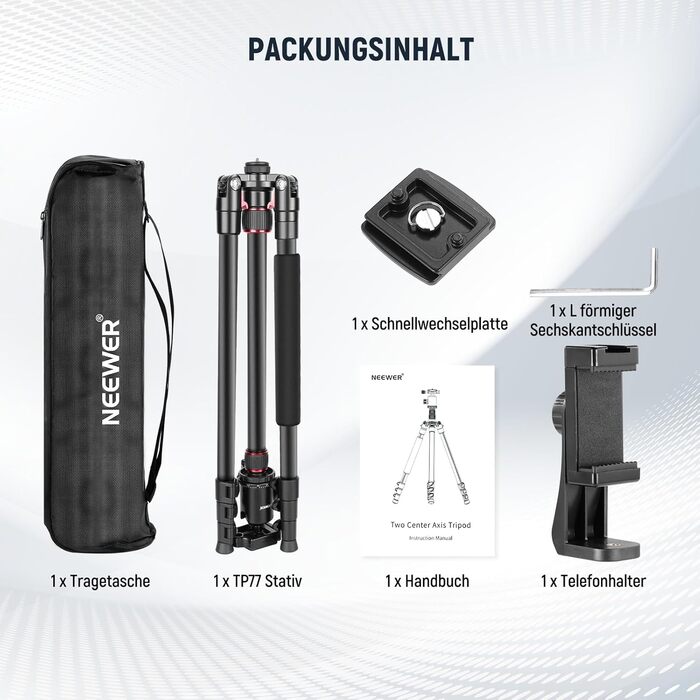 NEEWER 77'' штатив-монопод для DSLR і телефону, алюмінієвий, з 360° панорамною головкою, 2-осьовою центральною колоною, Arca QR, до 15,4 кг, сумка