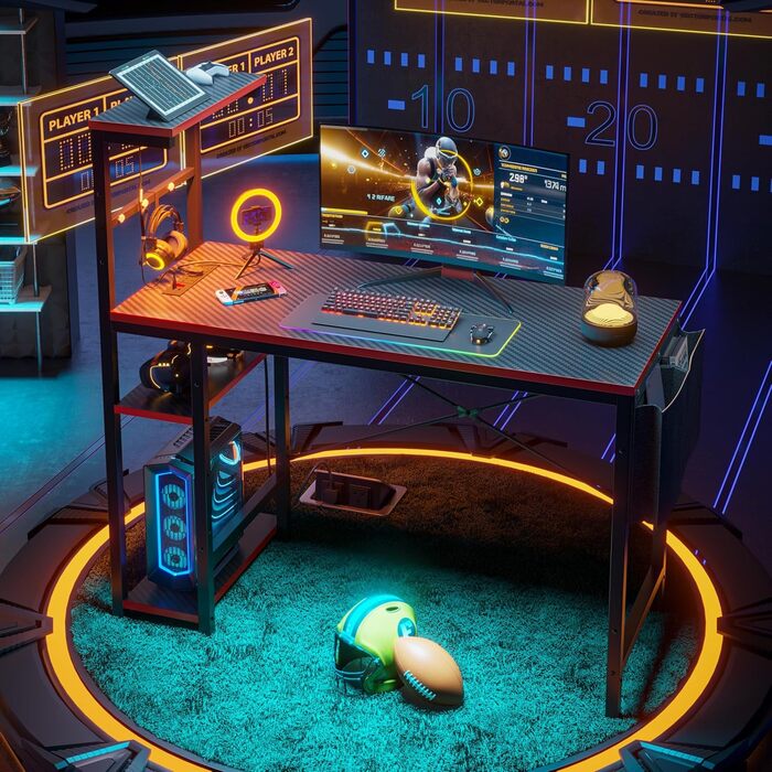 Кутовий комп'ютерний стіл Bestier 113 см з розетками, LED підсвічуванням, бічною кишенею та гачками для аксесуарів, чорний, для домашнього офісу та малих приміщень