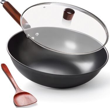 Wok-сковорода DIIG 33 см з кришкою, вуглецева сталь, антипригарна, для індукції, з дерев'яною лопаткою