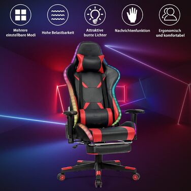 Ігрове крісло RELAX4LIFE 360° з LED-підсвіткою, регульованими підлокітниками, спинкою та підніжкою, офісний комп'ютерний стілець з лордозною та головною підтримкою, дистанційне керування, червоний