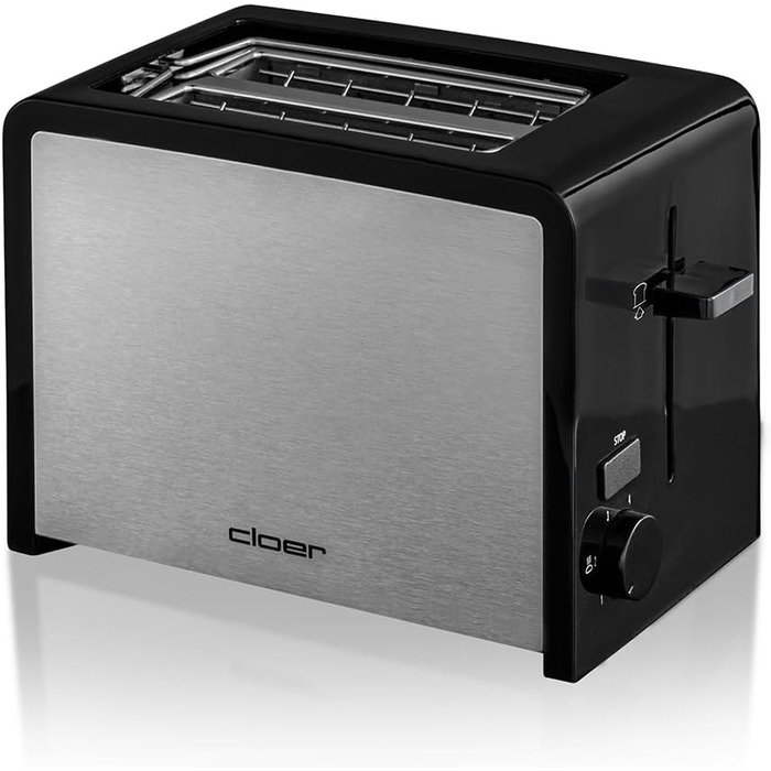 Тостер Cloer 3210 на 2 тости, 825 Вт, з підставкою для булочок, нержавіюча сталь, чорний, теплоізольований корпус, кришка для крихт